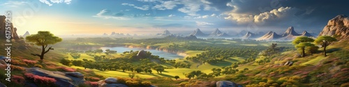 Fantasy anime landscape with hills and trees in the background