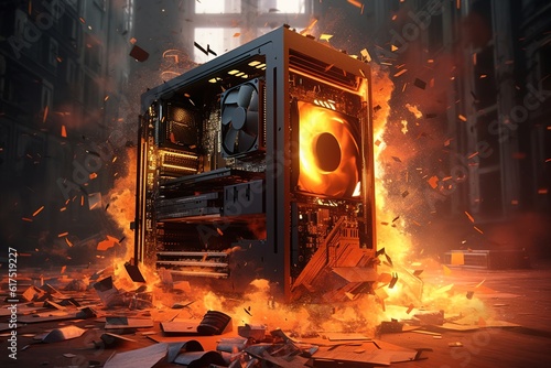 A burning open computer pc tower case with an exploding processor, chipsets and cooling fans, extreme gaming processing power concept photo