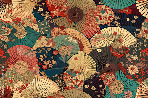 Folding fan seamless pattern. Traditional japanese paper fans. Generative AI