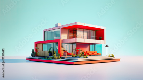 generative ai illustration of a red small house model against blue background with copy space