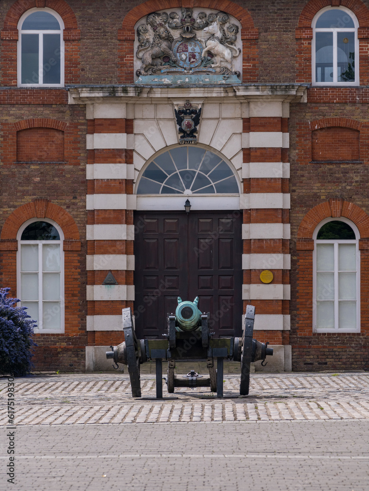 Antique cannon outside Royal brass foundry in Royal Arsenal Riverside development