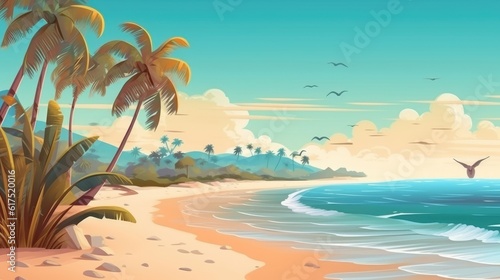 The image is a horizontal outdoor nature scene with tropical beach.  Illustration  Generative AI 