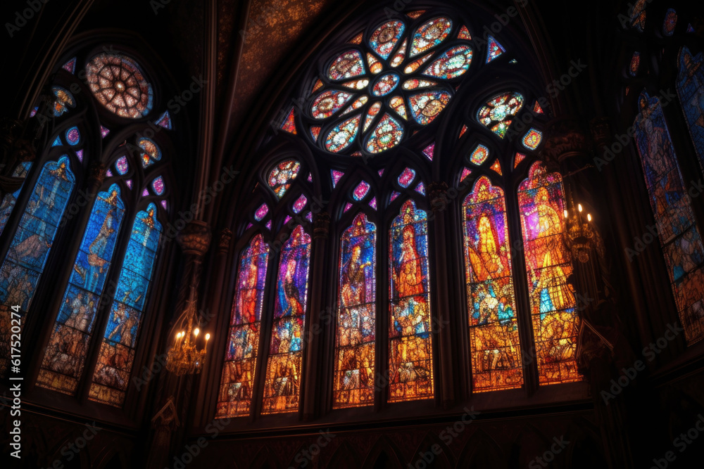 Colorful stained glass window of a church with rays emanating from it. Generative AI