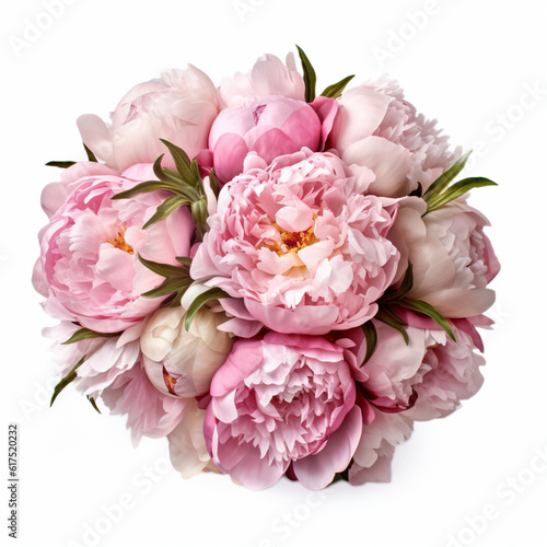 Illustration, AI generation. Bouquet of pink peonies on a white background.