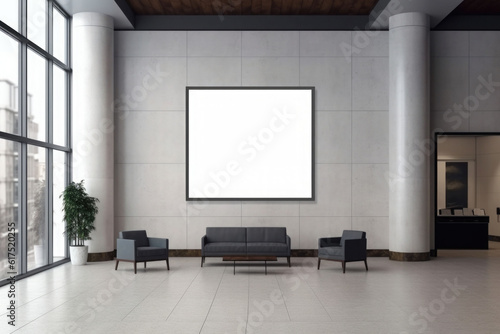 Advertising billboard frame on wall in office lobby copy space for mock up template. Generative AI