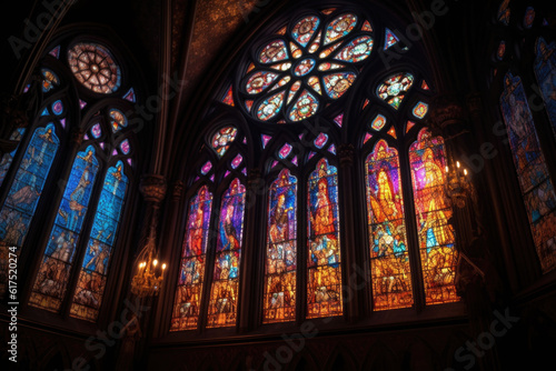 Colorful stained glass window of a church with rays emanating from it. Generative AI