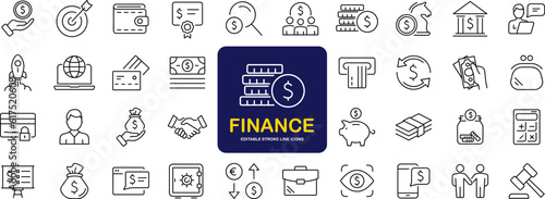 Finance set of web icons in line style. Money and Payment icons for web and mobile app. Money, payments, financial report, pay, banking, business, coin and more. Vector illustration
