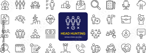 Headhunting set of web icons in line style. Recruitment icons for web and mobile app. Career, resume, job hiring, candidate, HR, business, headhunting, recruitment. Vector illustration