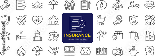 Insurance set of web icons in line style. Insurance and assurance icons for web and mobile app. Protection of health, life, property, car, home, travel insurance icons and more. Vector illustration