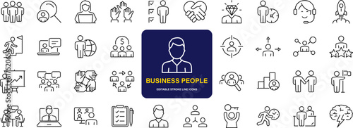 Business People set of web icons in line style. Teamwork in business management icons for web and mobile app. Business meeting, handshake, agreement, human resources, office management, workplace team