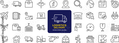 Delivery and Logistic set of web icons in line style. Shipping service icons for web and mobile app. Shipping, logistics, delivery, courier, tracking, refunds and more. Vector illustration