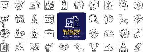 Business strategy set of web icons in line style. Business solutions icons for web and mobile app. Action List, research, solution, team, marketing, startup, advertising, business process, management