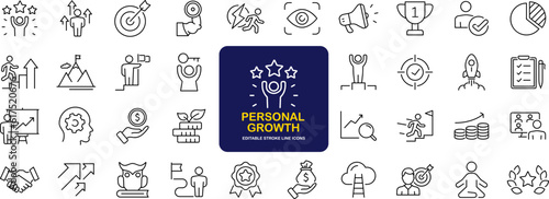 Personal growth and success set of web icons in line style. Growth andsuccess icons for web and mobile app. Growth profit, career progress, business people, strategy, coaching, tutorship, success