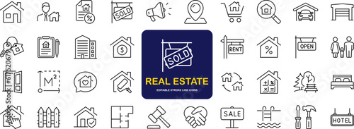 Real Estate set of web icons in line style. Realty icons for web and mobile app. Purchase and sale of housing, property, rental premises, insurance, realty, home loan, mortgage and more