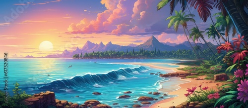 Colorful painting of tropical beach with flowers and palm trees in anime style