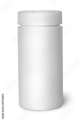 White plastic bottle for vitamins with lid closed isolated on white background