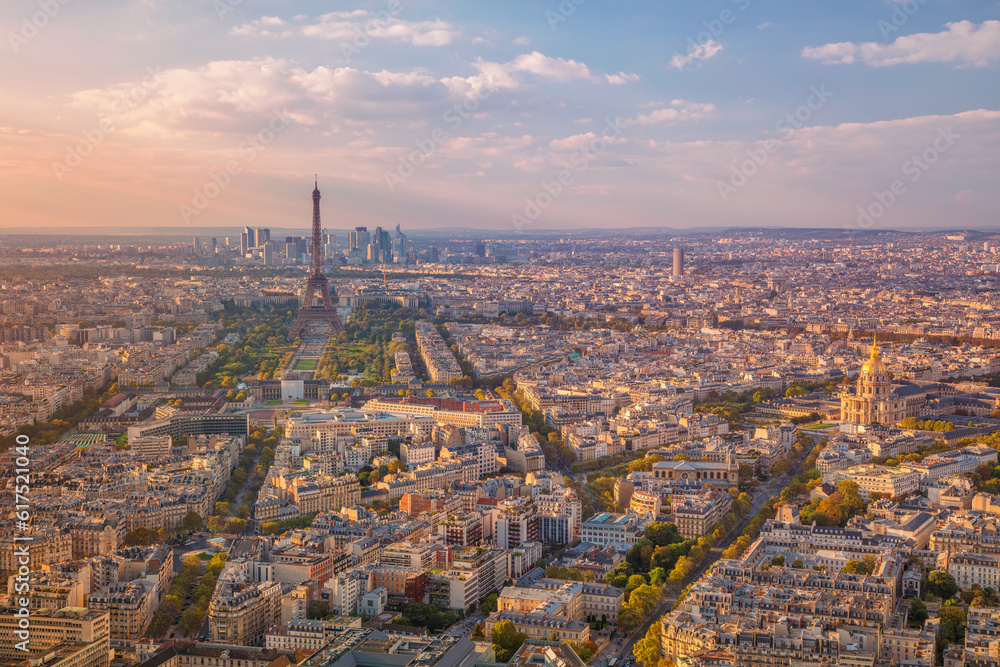 Aerial image of Paris, France during golden sunset hour.