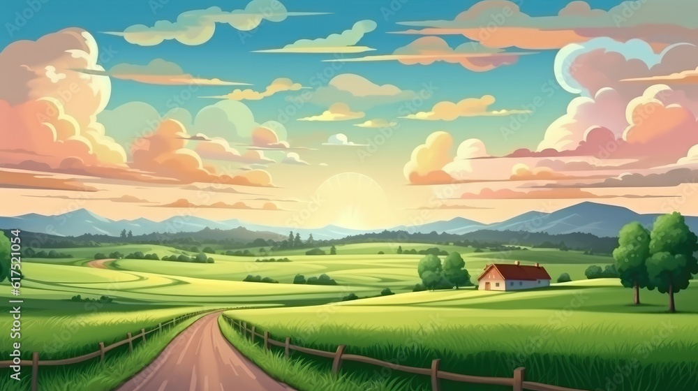 The serene summer scenery boasts a lush green field and sunset sky. (Illustration, Generative AI)