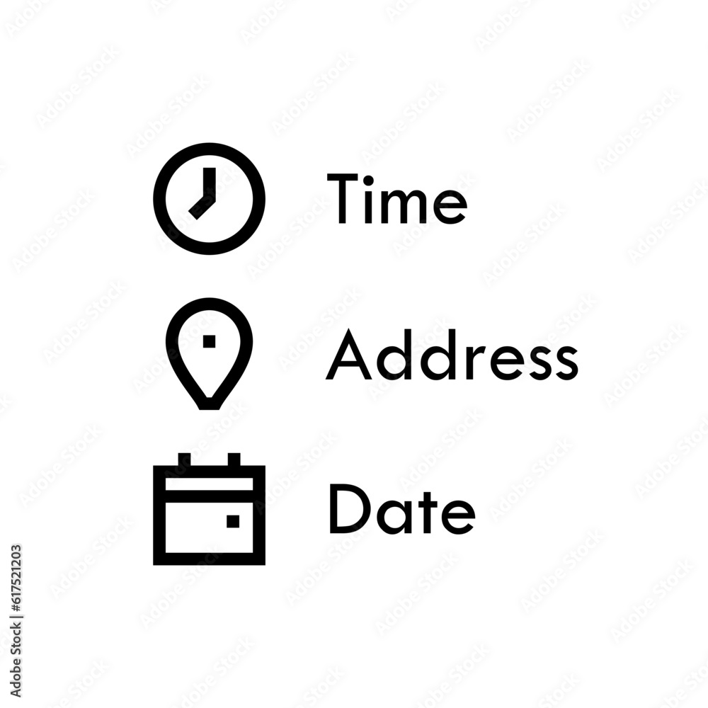 Time, Address and Date vector line icons. Clock, Calendar and Place location outline icon set. Time, Address and Date vector line icons. Clock, Calendar and Place location outline icon set.