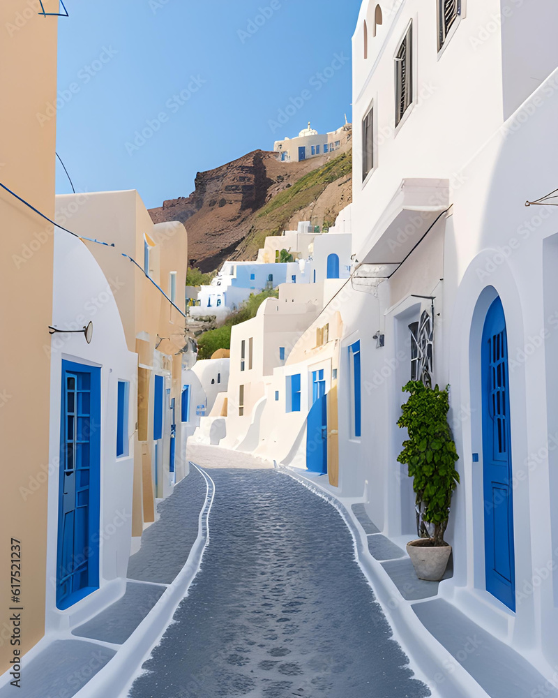 Obraz premium street view of town in Santorini island in Greece -- Greek architecture - Generative AI