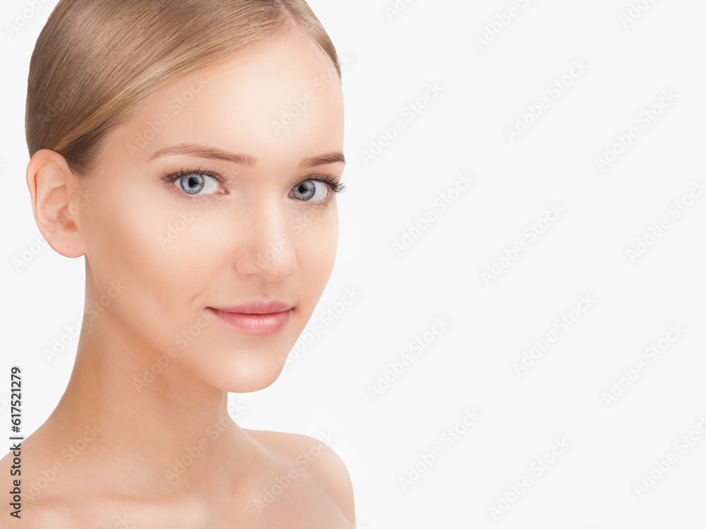 Beauty Woman face Portrait. Beautiful Blonde Spa model Girl with Perfect Fresh Clean Skin. Skin Care Concept Isolated on a white background