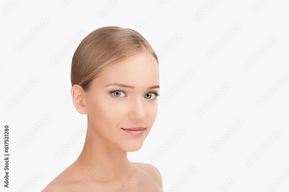 Beauty Woman face Portrait. Beautiful Blonde Spa model Girl with Perfect Fresh Clean Skin. Skin Care Concept Isolated on a white background Beauty Woman face Portrait. Beautiful Blonde Spa model Girl with Perfect Fresh Clean Skin. Skin Care Concept Isolated on a white background