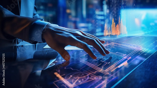 Hands of a businessman swiftly browsing digital documents on a holographic screen, futuristic setting with floating screens and ambient lighting, environment exuding advancement and intelligence
