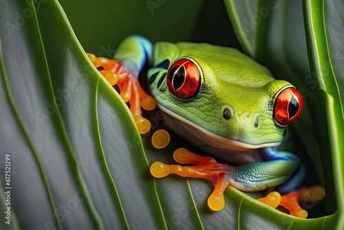 red-eyed tree frog perched on a leaf. Generative AI