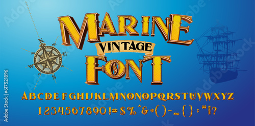 Marine fairytale font with beautiful mermaid illustration. Vintage decorative type set.