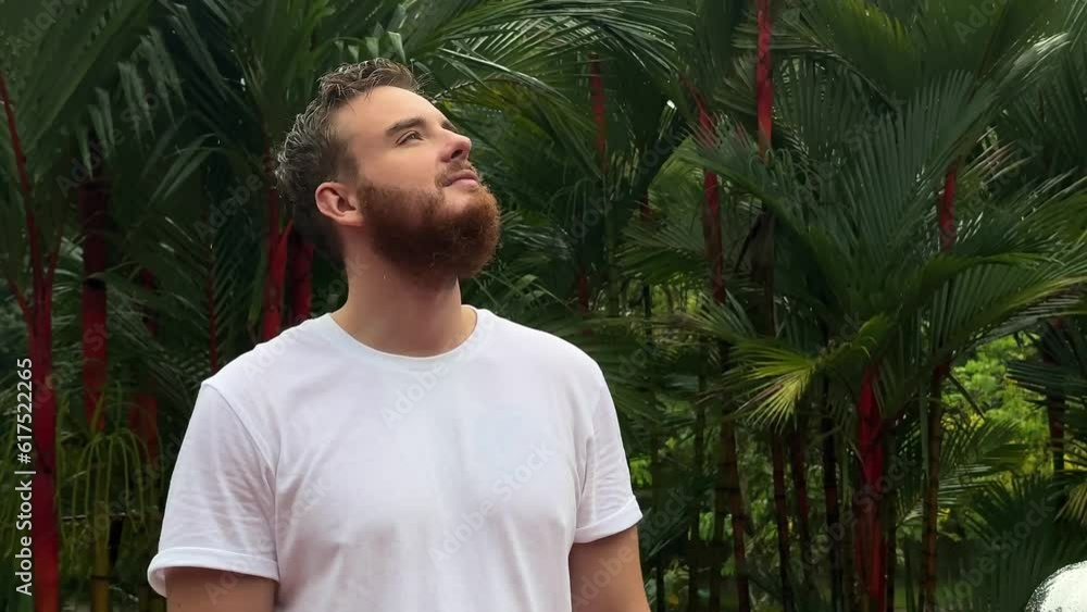 man stand after a tropical rain in nature and enjoys the fresh air, breath deep man stand after a tropical rain in nature and enjoys the fresh air, breath deep