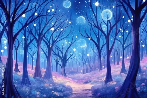 At night, a mystical blue forest glows with magic. (Illustration, Generative AI)