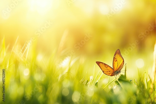 yellow butterfly resting on a vibrant green field