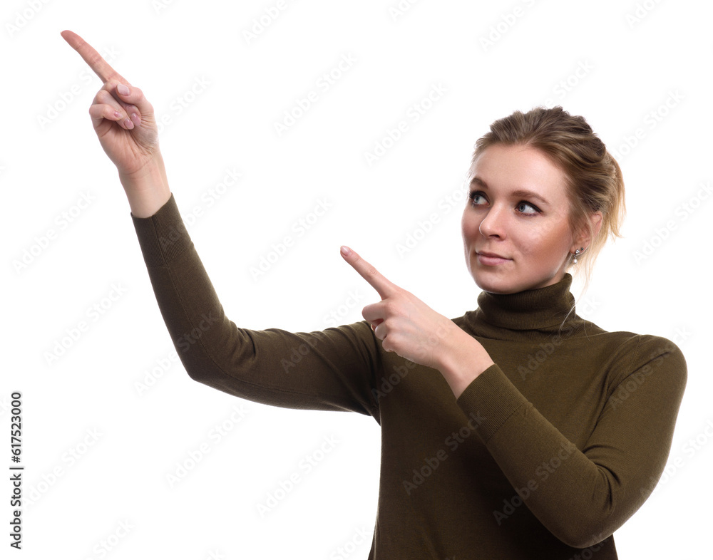 Beautiful girl pointing to the side. Woman showing product. Isolated on white background. Beautiful girl pointing to the side. Woman showing product. Isolated on white background.