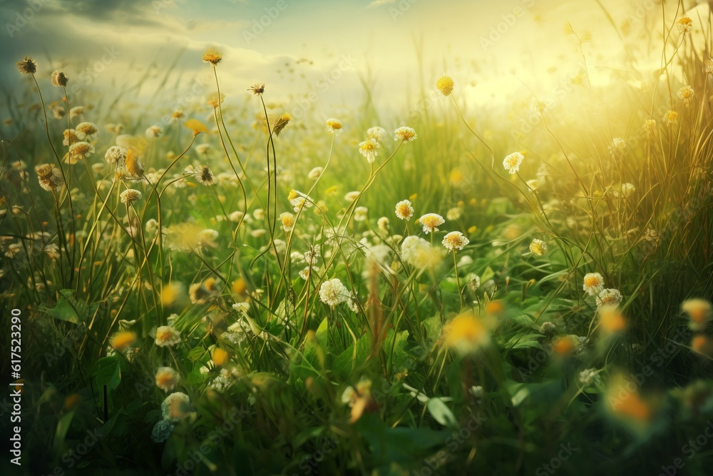 meadow with flowers, Enchanting Realms: A Captivating Photograph of a Green Grassy Field with Small Flowers, Radiating Serene Visuals in Light Yellow and Light Amber