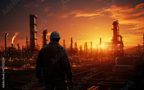 a worker standing with his back visible, facing the industrial factory at dusk