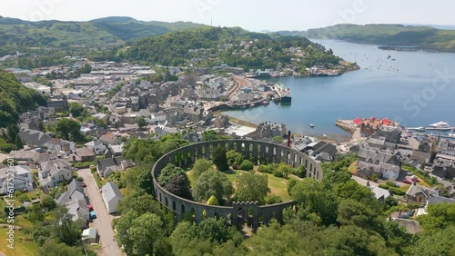 Aerial drone video of an old tower in Oban Scotland