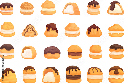 Profiterole icons set cartoon vector. Chocolate food. Cake bakery