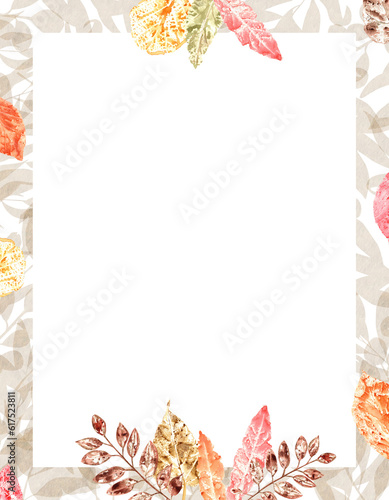 Cute frame with autumn colorful leaves. Watercolor illustration of leaf imprints for autumn holiday cards, greeting, invitation. Back to school. Thanksgiving day. Space for text