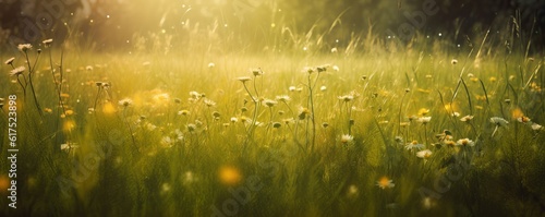 meadow with flowers, Enchanting Realms: A Captivating Photograph of a Green Grassy Field with Small Flowers, Radiating Serene Visuals in Light Yellow and Light Amber © Ben