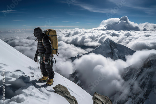 A climbing expedition on Mount Everest pauses to take in the breathtaking view of the surrounding peaks, with the clear blue sky overhead and a sea of clouds below them