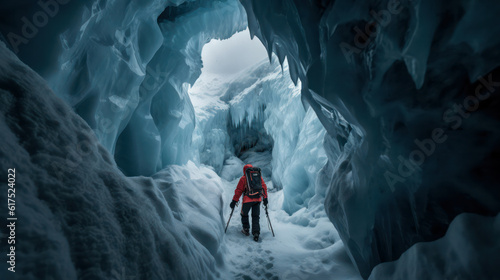 Fotografia A climber on an Everest expedition negotiates a treacherous icefall, with massiv