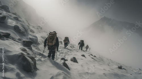 An Everest climbing expedition navigates a high-altitude snowstorm, with climbers battling against the elements as they push onwards and upwards towards their goal © Matthias