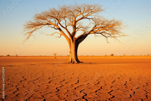 A hyperrealistic capture of a barren landscape affected by desertification, symbolizing the expansion of arid areas due to global warming and climate change, in hyperrealistic 8k detail