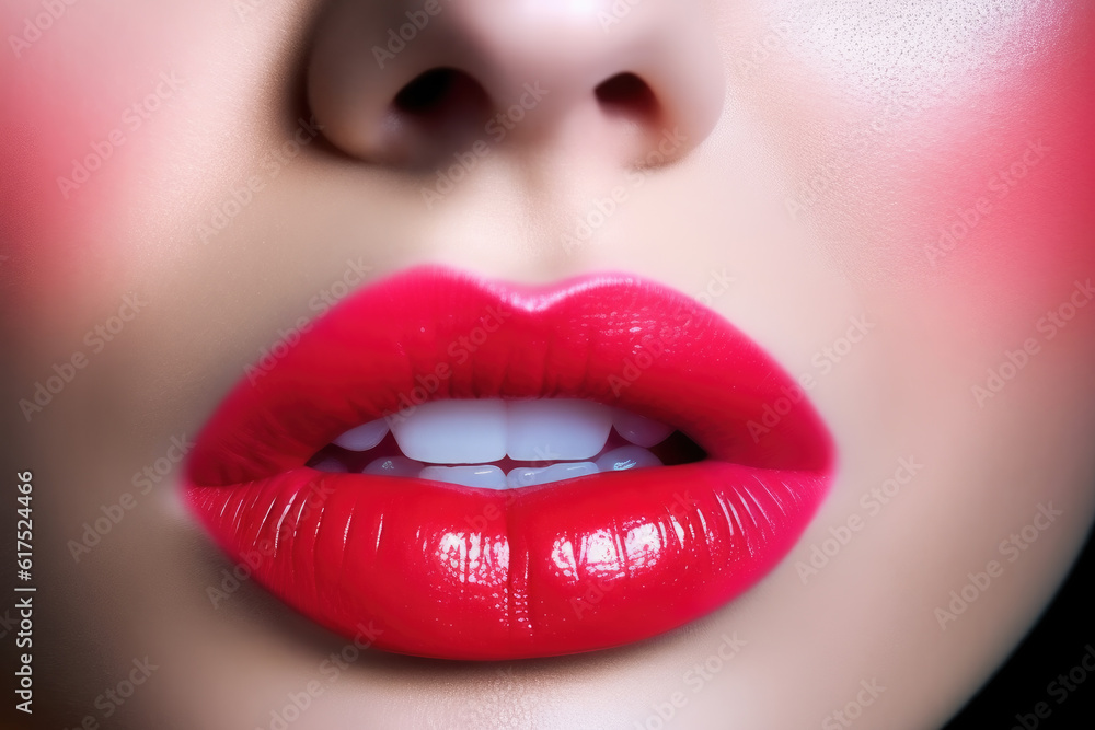 Obraz premium The close up of woman mouth shows the beautiful and sensual beauty of red lips. Makeup and lip gloss are sexy and glamorous in detail. Generative ai