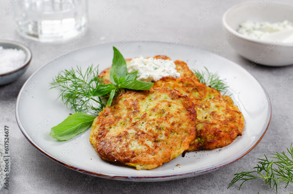 Zucchini Fritters with Herbs and Cream Cheese Topping, Tasty Vegetable Pancakes Zucchini Fritters with Herbs and Cream Cheese Topping, Tasty Vegetable Pancakes