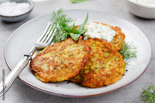 Zucchini Fritters with Herbs and Cream Cheese Topping, Tasty Vegetable Pancakes