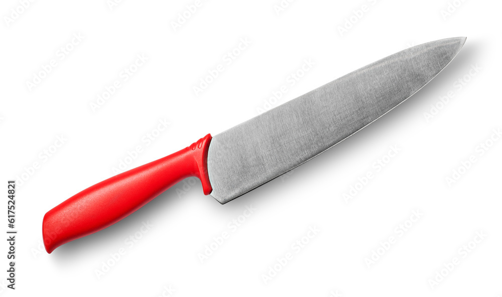 Big kitchen knife with red handle isolated on white background Big kitchen knife with red handle isolated on white background