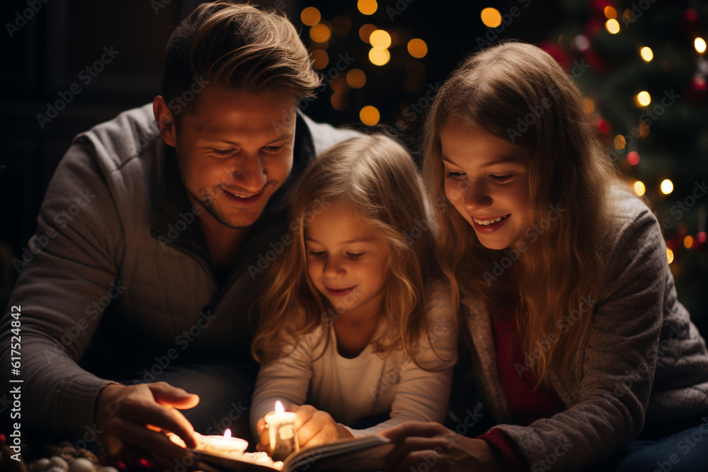 Close up of a family sitting under the christmas tree Close up of a family sitting under the christmas tree