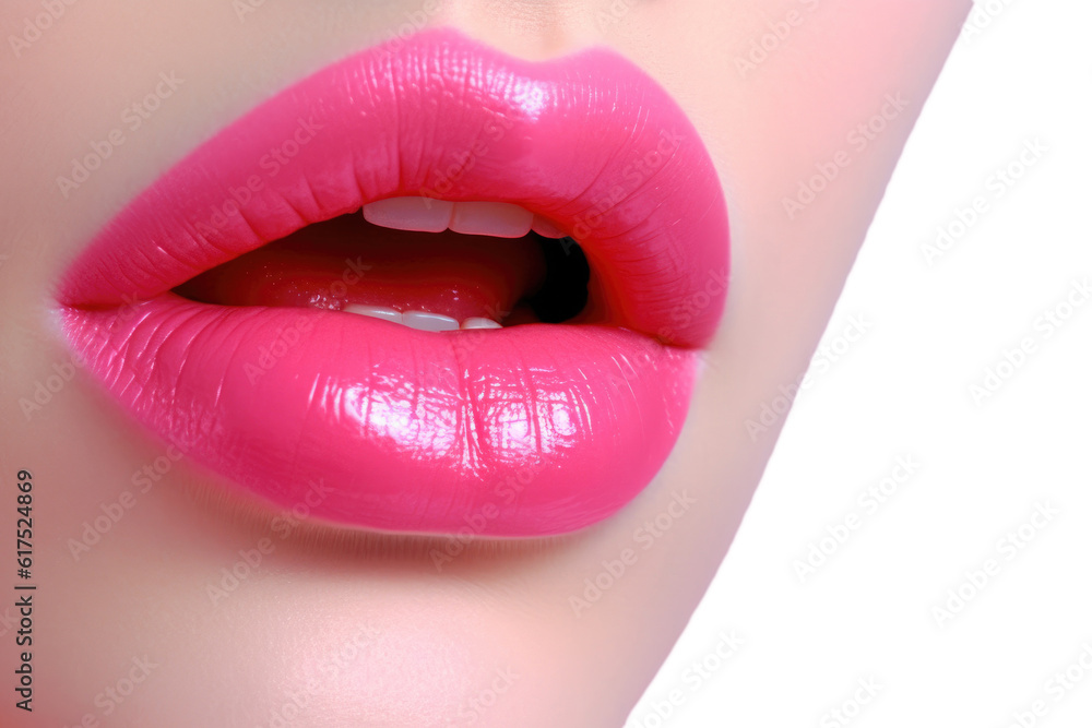 Fototapeta premium The close up of woman mouth shows the beautiful and sensual beauty of pink lips. Makeup and lip gloss are sexy and glamorous in detail. Generative ai White background, copy space, isolate