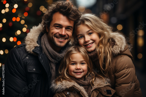 Close up portrait of a father with his two daughter at Christmas
